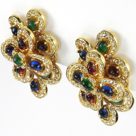Ciner Gold Pave and Tricolour Cabochons Multiple Loops Clip Earrings