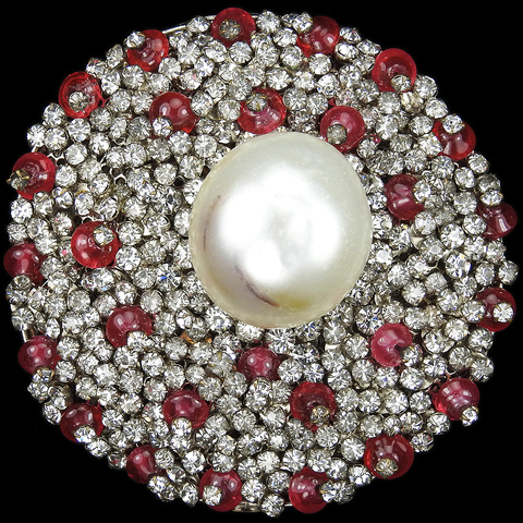 Maison Gripoix for ?Chanel Pave Ruby Poured Glass and Baroque Pearl Circular Flower Garland Pin Clip