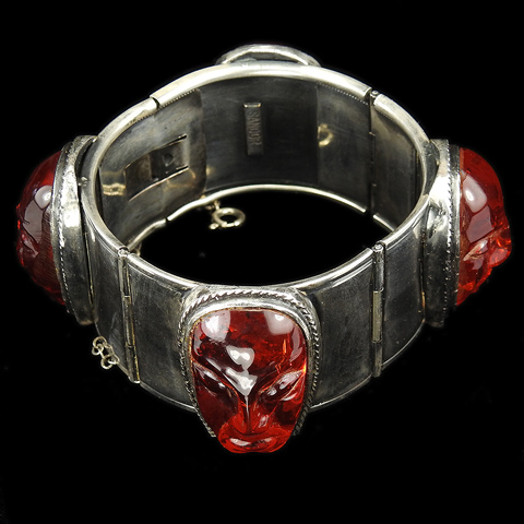 Sandor Ruby Jelly Belly Tinted Lucite Aztec Heads Bangle Bracelet