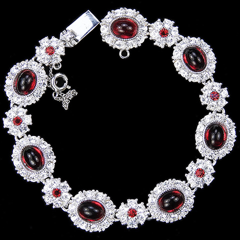 Ciner Pave Flowers and Ruby Cabcohons Link Bracelet