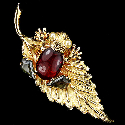 Schiaparelli Ruby Pearl and Smoky Topaz Frog on a Golden Leaf Pin