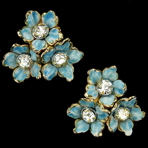 Sandor Diamante Spangles and Blue Pastel Enamel Three Flowers Clip Earrings