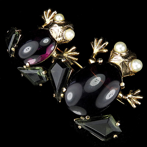 Schiaparelli Gold Pearls Smoky Topaz and Amethyst Cabochons Pair of Frogs Pin