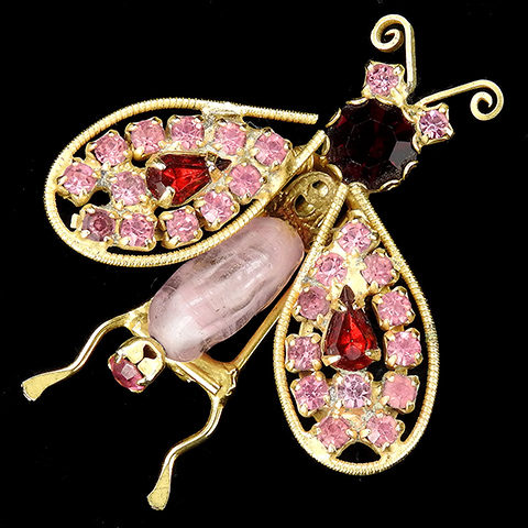 Schreiner Gold Ruby Pink Topaz and and Pink Quartz Trembler Bug Pin