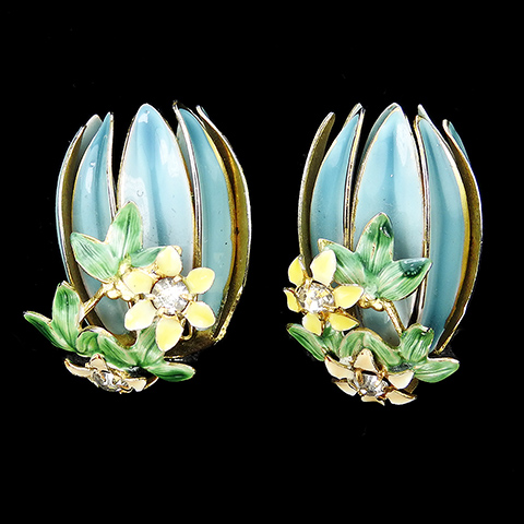 Sandor Blue Budding Petals and Yellow Enamelled Flowers Floral Clip Earrings