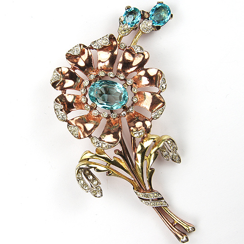 Trifari 'Alfred Philippe' Yellow and Rose Gold Aquamarine Daisy with Shoots Pin
