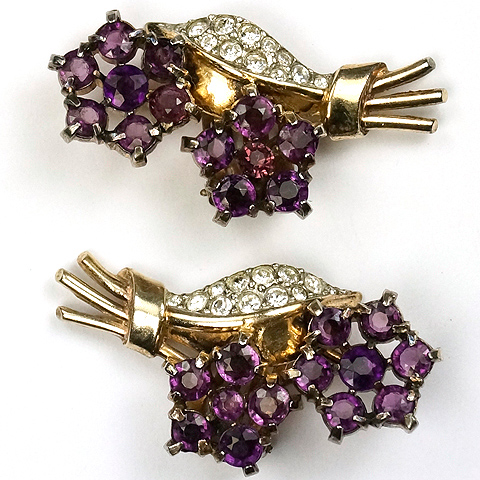 Trifari Sterling 'Alfred Philippe' Two Five Petalled Amethyst Flowers Clip Earrings