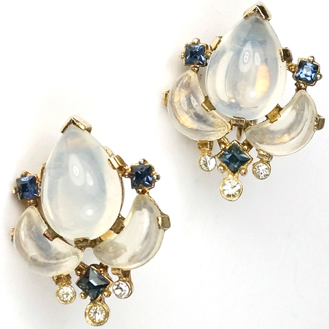 Trifari 'Alfred Philippe' 'Clair de Lune' Moonstone Demilune and Sapphire Clip Earrings