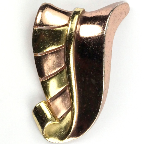 Trifari 'Alfred Philippe' Yellow and Rose Gold Deco Stylized Leaf Swirl Pin Clip