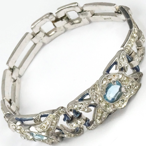 Trifari 'Alfred Spaney' Pave Bue Enamel and  Double Aquamarine Lily Bracelet