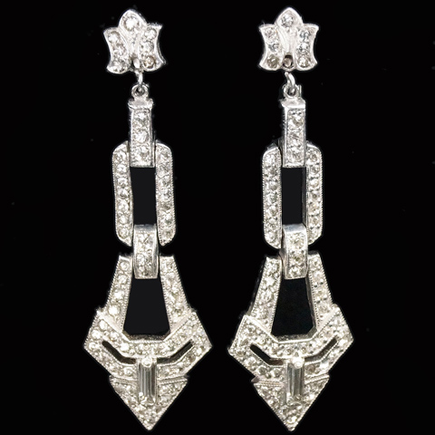 KTF Trifari 'Alfred Philippe' Deco Pave Triple Element Pendant Screwback Earrings