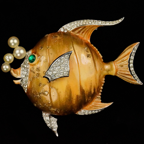 Trifari 'Alfred Philippe' 'Tropical Fantasies' Gold-Dusted Yellow Enamel Angelfish with Pearl Bubbles Fish Pin