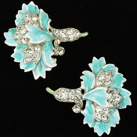 Trifari 'Alfred Philippe' 'Rue de la Paix' Pave and Enamel Blue Carnation Clip Earrings