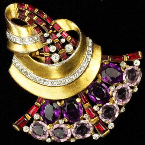Trifari 'Alfred Philippe' Gold Ruby and Amethyst Fan Swirl Pin Clip