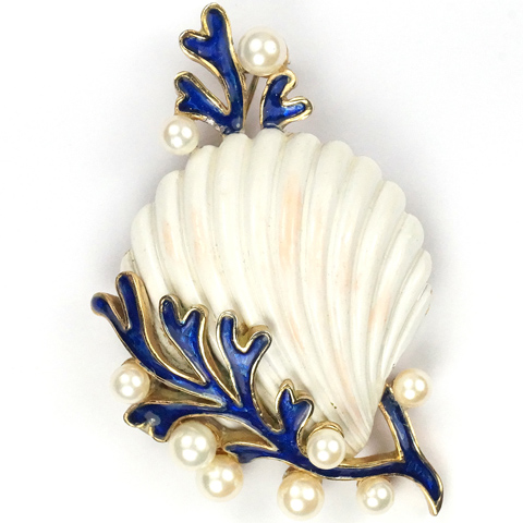 Trifari 'Alfred Philippe' Blue Coral Pearl Bubbles and White Scallop Seashell Pin