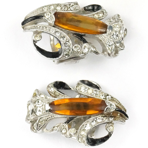 Trifari 'Alfred Spaney' Citrine Calla Lily Floral Spray Clip Earrings