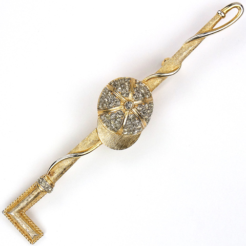 Trifari 'Alfred Philippe' Gold and Black Diamonds Jockey's Cap and Horse Riding Crop Pin