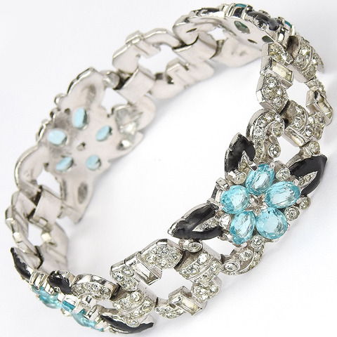 Trifari 'Alfred Philippe' Aquamarine Pastel Stones Four Element Flowers and Black Enamelled Leaves Bracelet