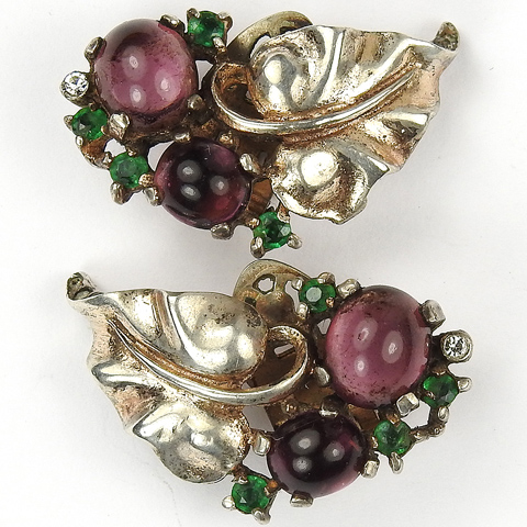 Trifari Sterling 'Alfred Philippe' Gold Amethyst and Emerald Spangles Grapes on Vine Clip Earrings