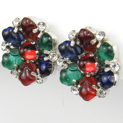 Trifari 'Alfred Philippe' Tricolour Fruit Salad Hexagonal Flower Clip Earrings