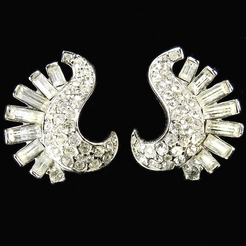 Trifari 'Alfred Philippe' Pave and Baguettes Swirl Clip Earrings