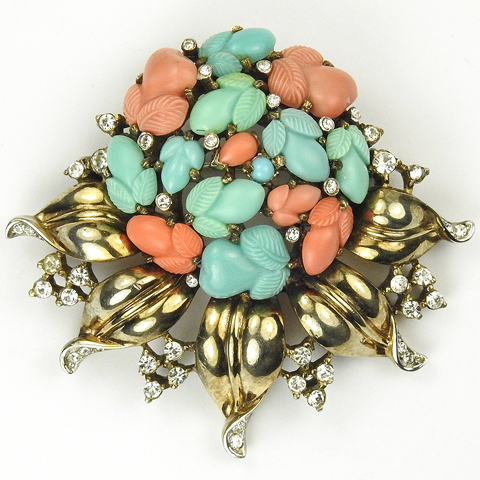 Trifari 'Alfred Philippe' 'Fragonard' Golden Leaves Garland with Pastel Fruit Salads Pin or Pendant