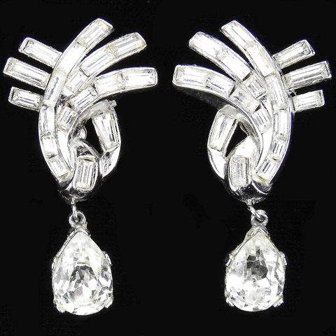 Trifari 'Alfred Philippe' 'Cascade' Baguette Swirl and Pendant Navette Clip Earrings