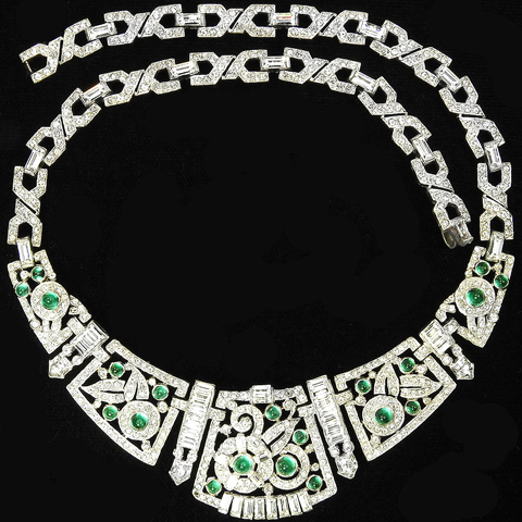 KTF Trifari 'Alfred Philippe' Deco Pave Emerald Cabochons and Diamante Baguettes Flower Circles Pattern Necklace