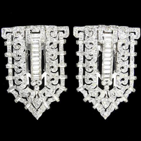 KTF Trifari 'Alfred Philippe' Pave Openwork and Baguettes Shields Pair of Deco Dress Clips