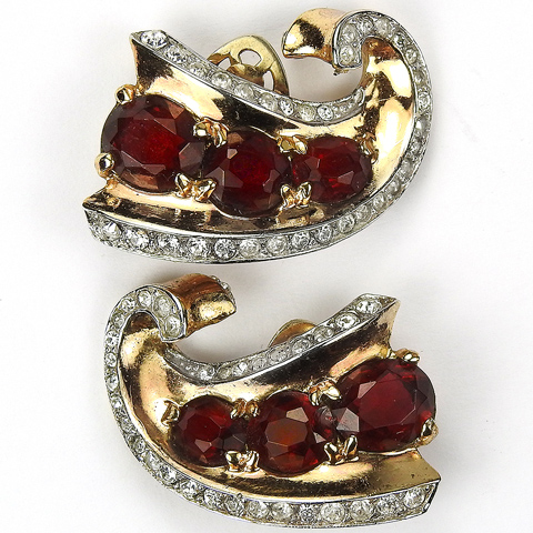 Trifari Sterling 'Alfred Philippe' Triple Rubies Swirl Clip Earrings