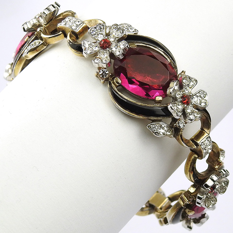 Trifari 'Alfred Philippe' 'Empress' Pave Flowers Black Enamel Swirls and Oval Cut Burmese Rubies Link Bracelet