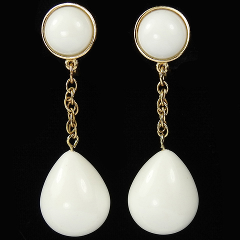 Trifari Gold and White Faux Ivory Teardrop Pendant Clip Earrings