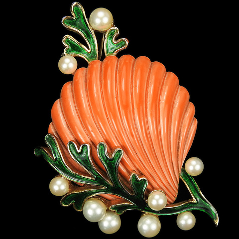 Trifari 'Alfred Philippe' Green Coral Pearl Bubbles and Salmon Pink Scallop Seashell Pin