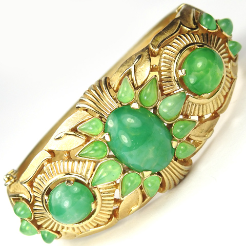 Trifari 'Alfred Philippe' 1960s Jewels of India Gold and Emerald Cabochons Bangle Bracelet