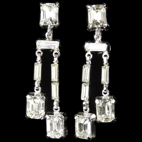 Trifari 'Alfred Philippe' Baguettes and Square Cut Diamante Double Pendant Clip Earrings