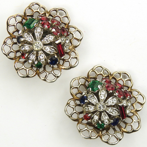 Trifari Sterling 'Alfred Philippe' 'Riviera' Series Tricolour Floral Dome and Openwork 'Lace Edge' Clip Earrings