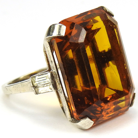 Trifari Sterling 'Alfred Philippe' Table Cut Topaz and Baguettes 'Tank Bracelet' Finger Ring