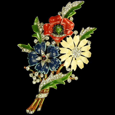 Trifari 'Alfred Philippe' WW2 US Patriotic Red White and Blue Enamelled Triple Floral Spray Pin Clip