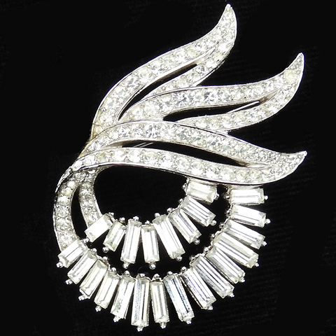 Trifari 'Alfred Philippe' Pave Leaves and Baguette Double Swirl Pin