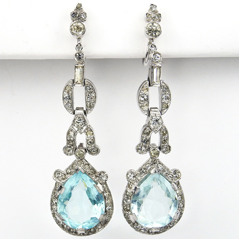 KTF Trifari 'Alfred Philippe' Pave and Teardrop Aquamarines Pendant Screwback Earrings