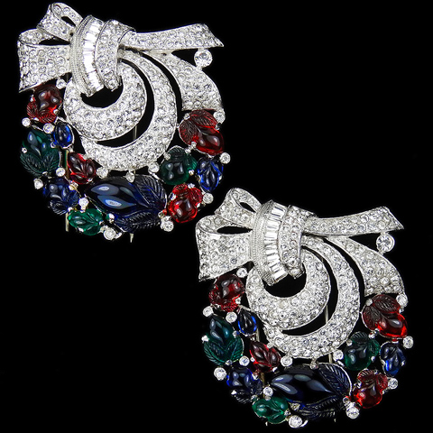 KTF Trifari 'Alfred Philippe' Pair of Deco Fruit Salad Pave Bow Swirl Pin Clips