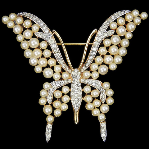 Trifari 'Alfred Philippe' Gold Pave and Pearls Butterfly Pin