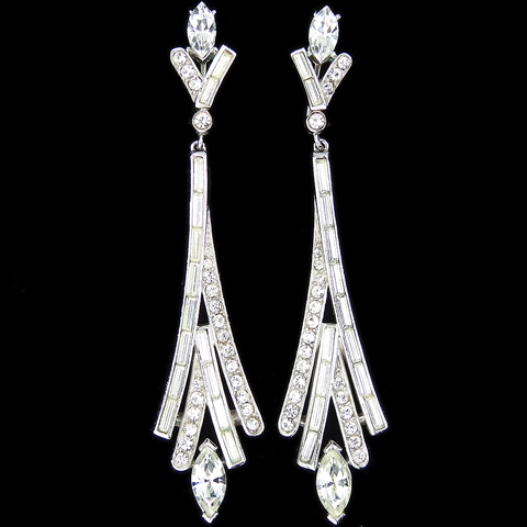 Trifari 'Alfred Philippe' 'Lightning' Giant Pave and Baguette Herringbone Pattern Pendant Clip Earrings