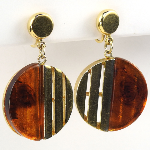 Trifari 'Discotheque' Gold Lattice and Tortoiseshell Hemispheres Pendant Clip Earrings