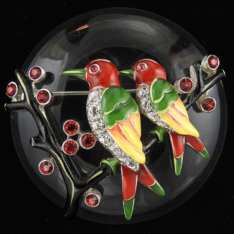 Trifari 'Alfred Philippe' Pair of Pave and Enamel Love Birds on Branch in Front of a Jelly Belly Moon Pin