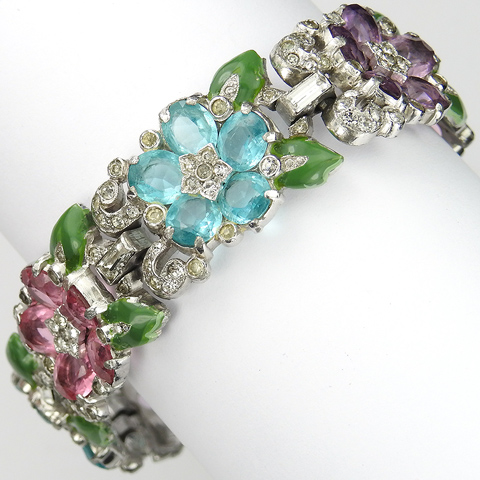 Trifari 'Alfred Philippe' Tricolour Pastel Stones Flowers and Enamel Leaves Seven Link Floral Bracelet