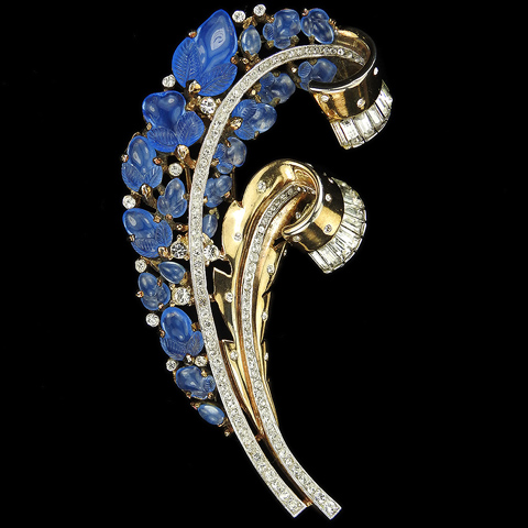 Trifari 'Alfred Philippe' 'Fragonard' Spangled Gold Pave and Baguettes Blue Moonstone Fruit Salad Double Spiral Feather or Leaf Swirls Pin Clip