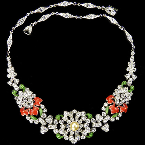Trifari 'Alfred Philippe' Pave Pearls and Red Enamel Leaves Triple Link Flower and Bellflowers Necklace