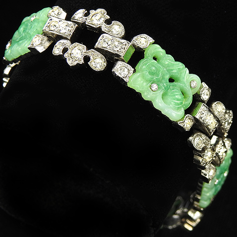 KTF Trifari 'Alfred Philippe' Pave and Jade Rectangles 1935 'Ming' Series Link Bracelet