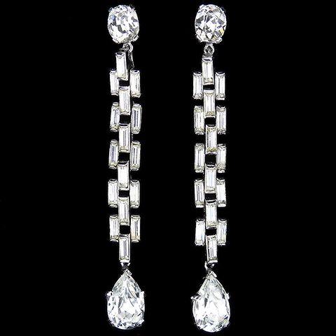 Trifari 'Alfred Philippe' 'Heiress' Interlinked Diamante Baguettes Lattice Pendant Clip Earrings